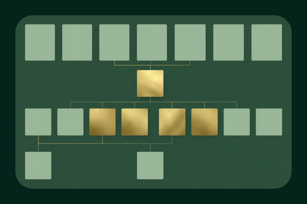 Site-tree diagram showing top-level pages resolving into a prioritised hierarchy, with primary paths highlighted in gold